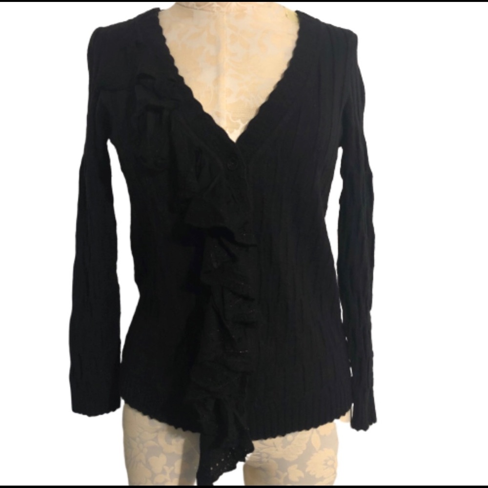 Anthropologie Black Ruffle Cardigan Sweater